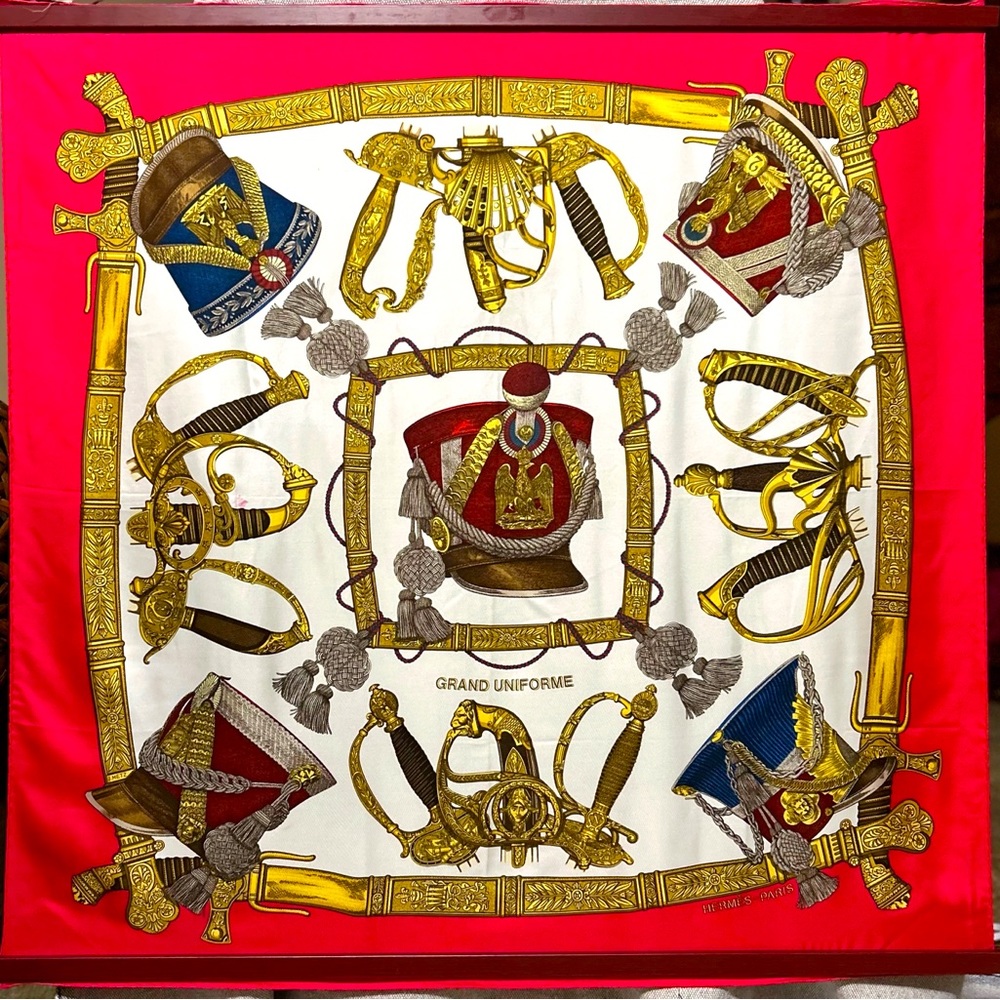 HERMES c.1985 Joachim Metz "Grand Uniforme" Red Sword Military Print Silk Scarf